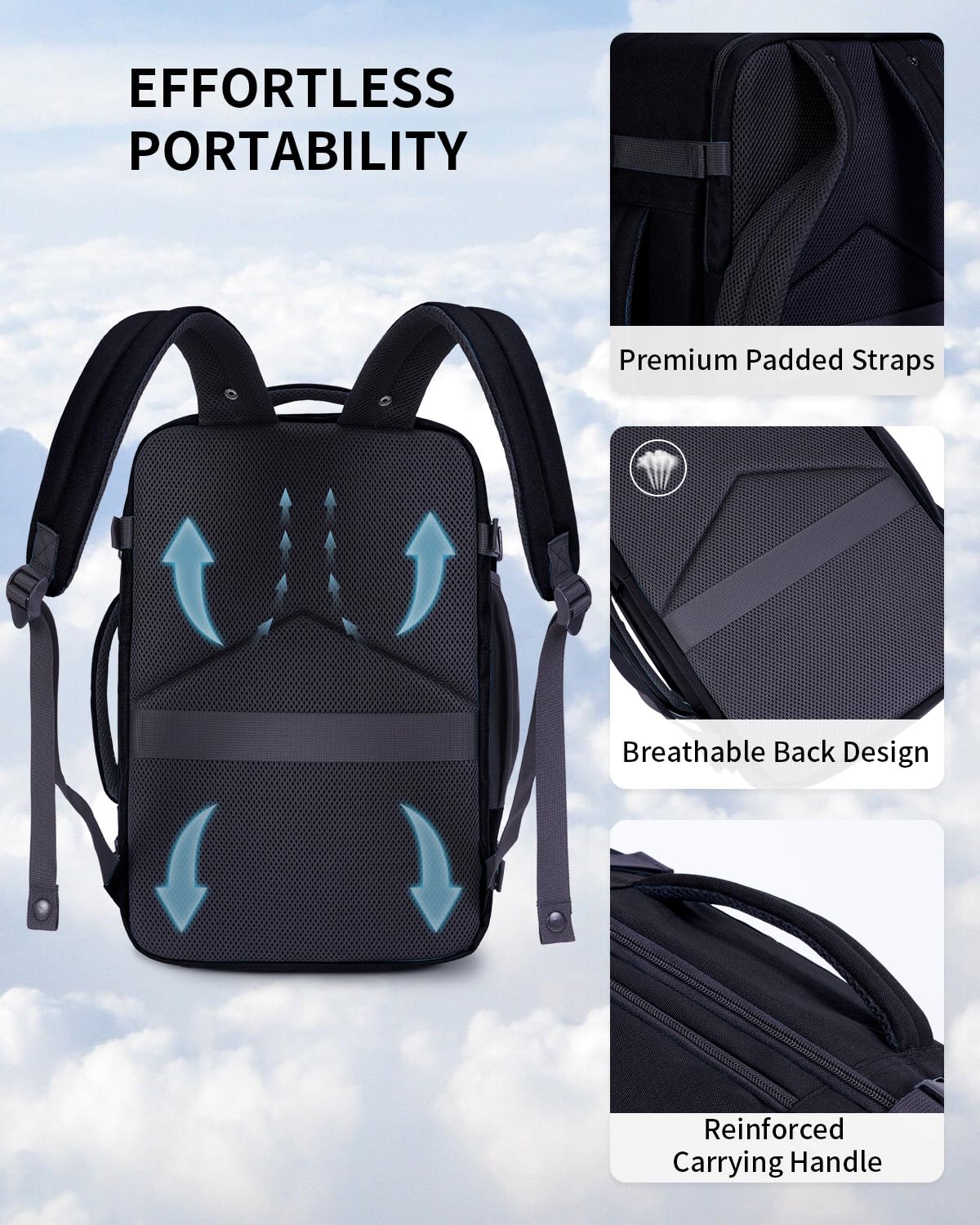 ECOHUB 17" Small Travel Backpack, United Airlines Personal Item Bag 17x10x9 with 16 Pockets, Water Resistant Rucksacks Fit 15.6" Laptop, AirTag Pocket, Lightweight Casual Daypack, 25L, Black - Image 5