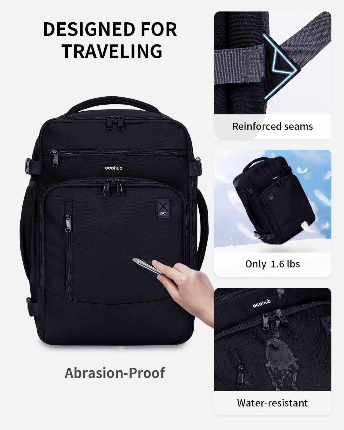 ECOHUB 17" Small Travel Backpack, United Airlines Personal Item Bag 17x10x9 with 16 Pockets, Water Resistant Rucksacks Fit 15.6" Laptop, AirTag Pocket, Lightweight Casual Daypack, 25L, Black - Image 6