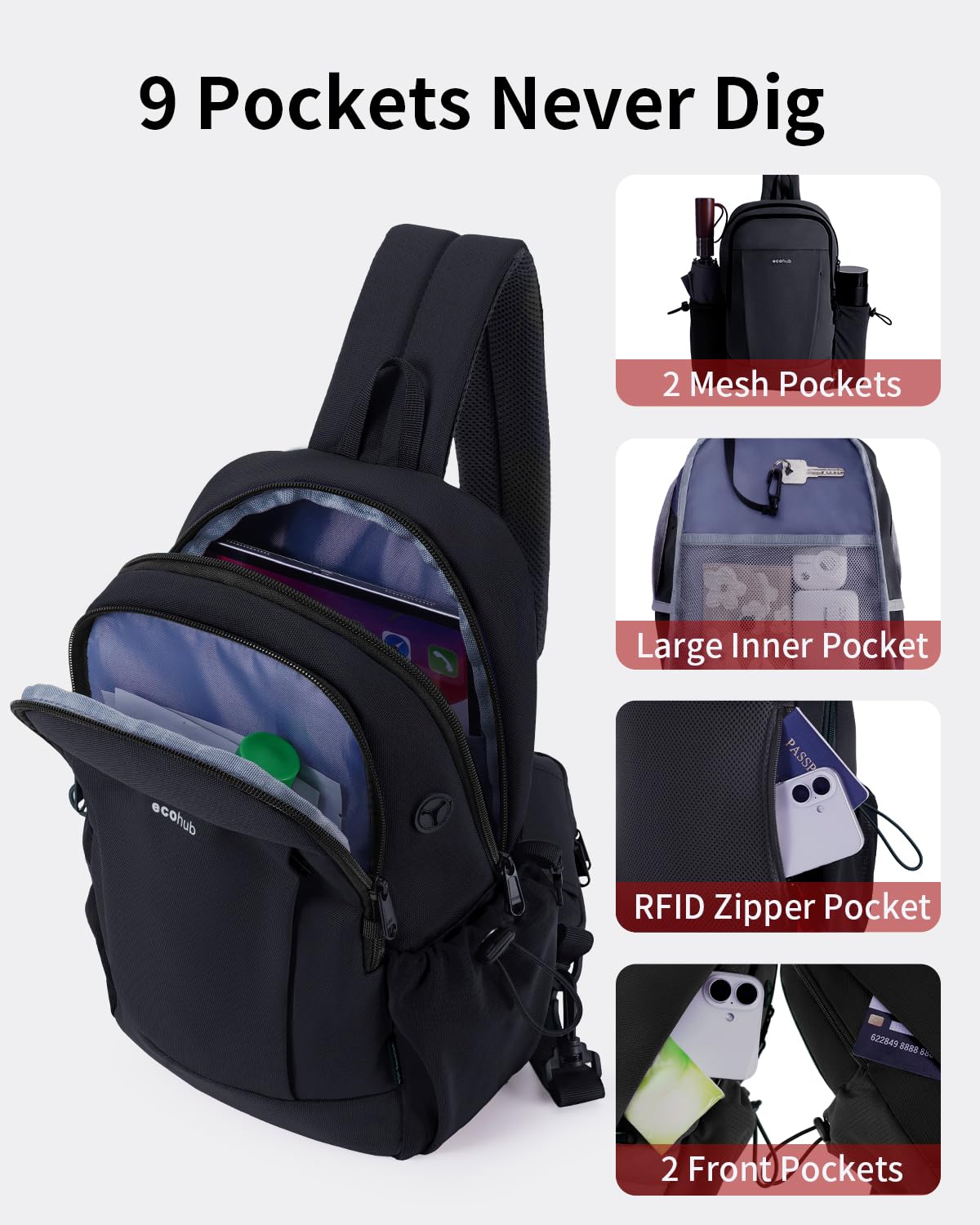 ECOHUB Anti-Theft Crossbody Bag Men Women, RFID Blocking Lightweight Sling Backpack Eco-Friendly with 9 Pockets Sturdy SBS Zippers Water Resistant for Travel Work Hiking Outdoor, Black - Image 6