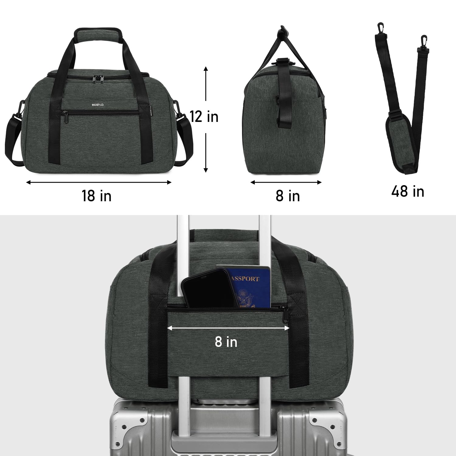 ECOHUB For Spirit Airlines Personal ItemBag 18x14x8 Travel Duffel Bags with Laptop Compartment & ShoeBag Underseat Carry on Bag with Wet Pocket, 30L (Gray) - Image 6